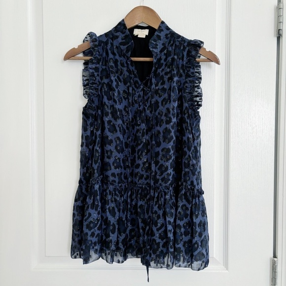 Kate Spade Metallic Silk Chiffon Leopard Print Blouse Ruffle Blue - Picture 2 of 8